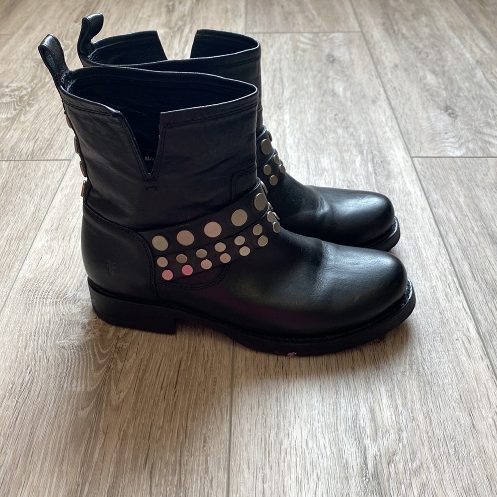 Black Leather Studded Frye Boots - Picture 3 of 5